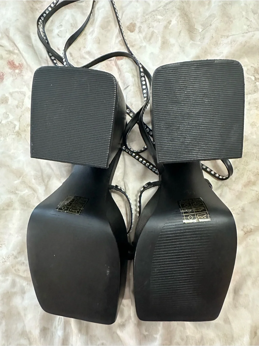 Black Platform Lace-Up Heeled Sandals with Rhinestone Straps